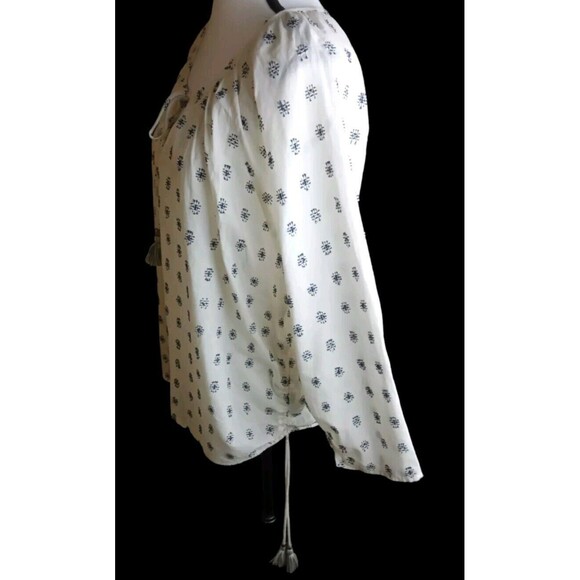 Love Stitch Cream Navy Embroidered Blouse Tassels Boxy Fit Oversized S/M Ruched - Picture 4 of 9